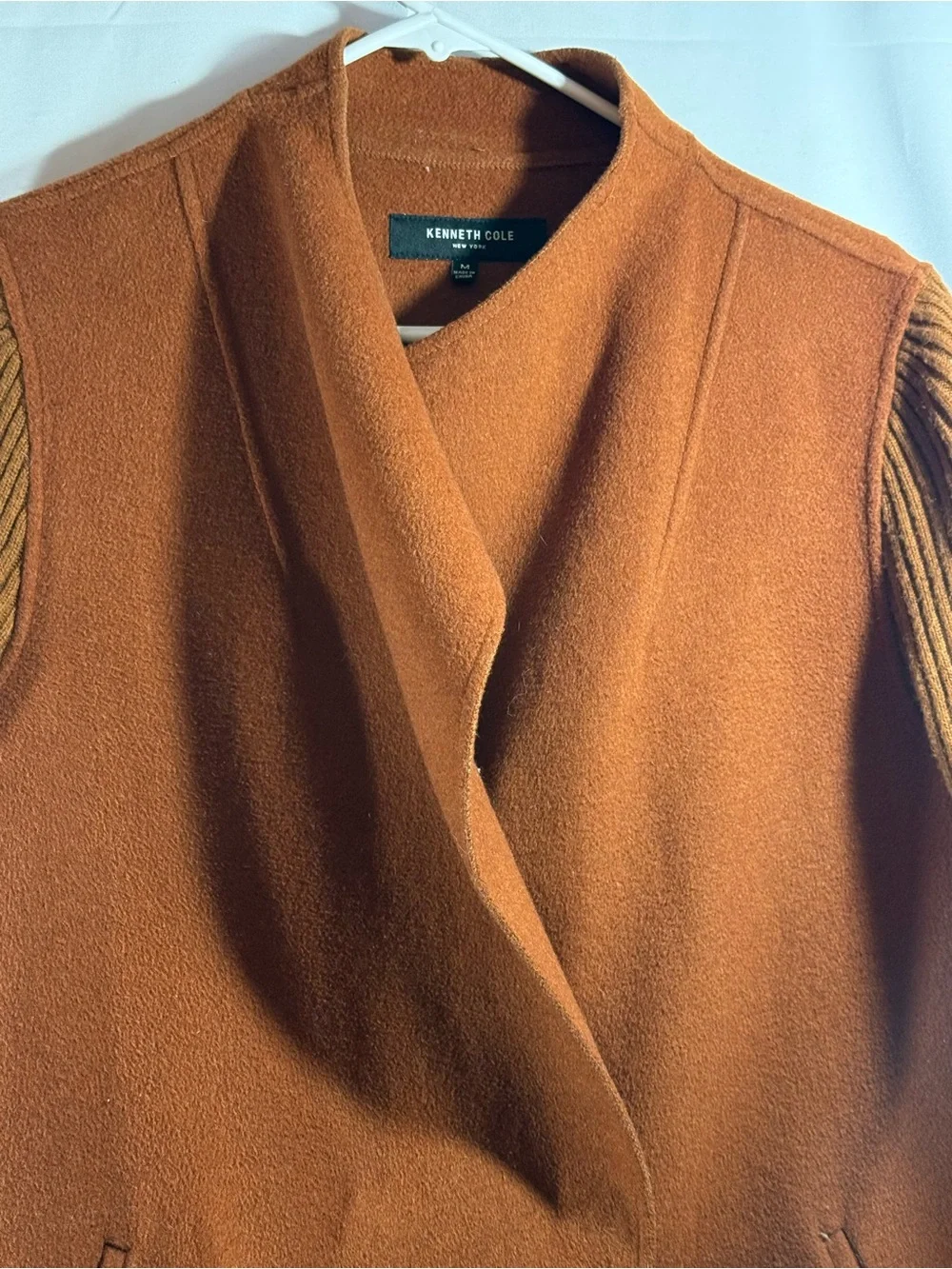 Kenneth Cole Rust-Brown Wool Blend Pea Coat with Ribbed Sleeves Size Medium